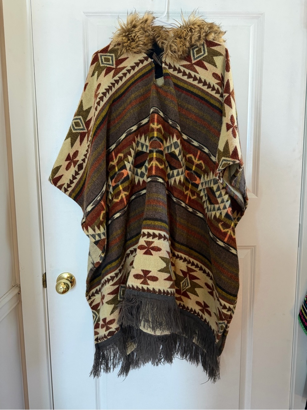 Vintage Tejidos Caymi Alpaca Blend Hooded Poncho - Faux Fur Trim Cloak
